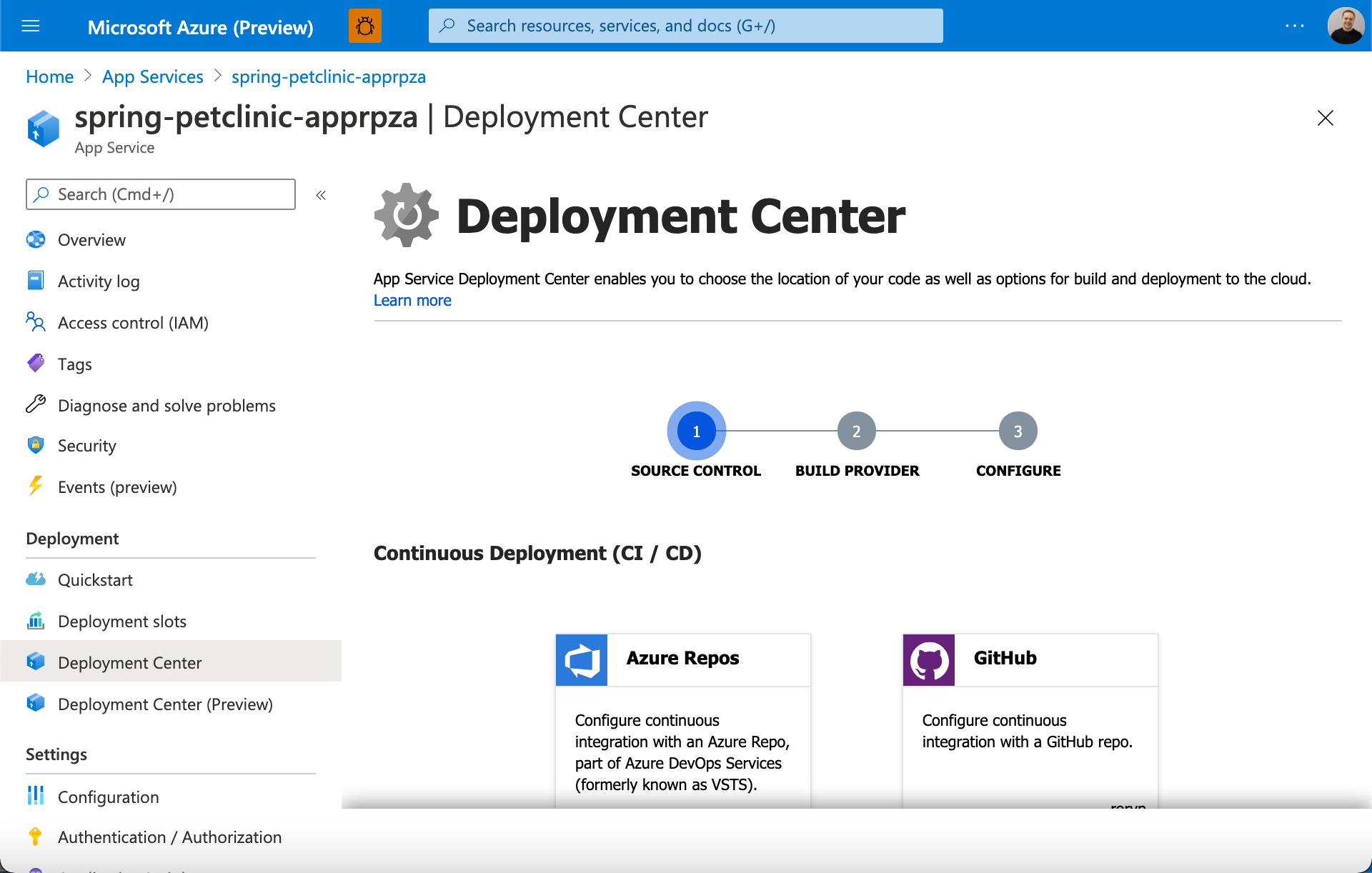 Screenshot of the Azure App Service Deployment Center.