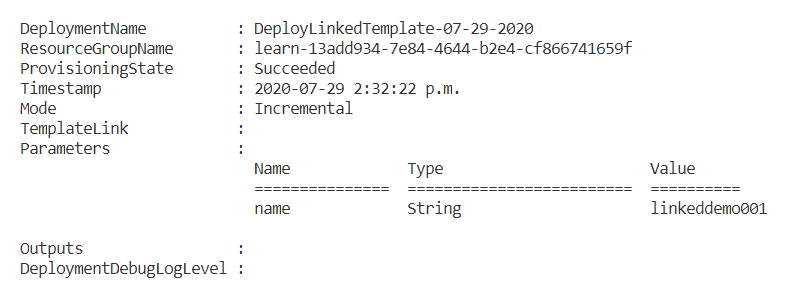 Results from deploying linked template.