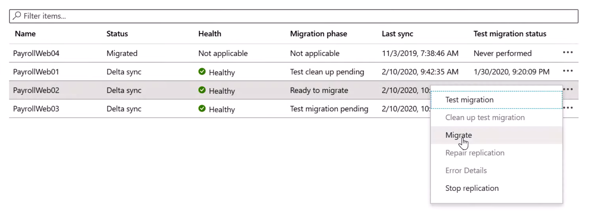 Screenshot of the Server migration replicating machines page in Azure Admin center.