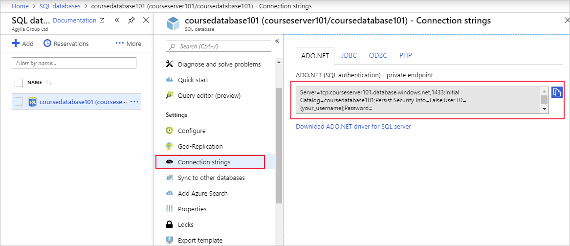 The connection string pane in the Azure portal.