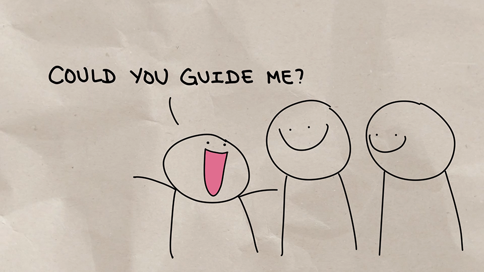 Drawing that shows a happy person asking two other people for guidance.