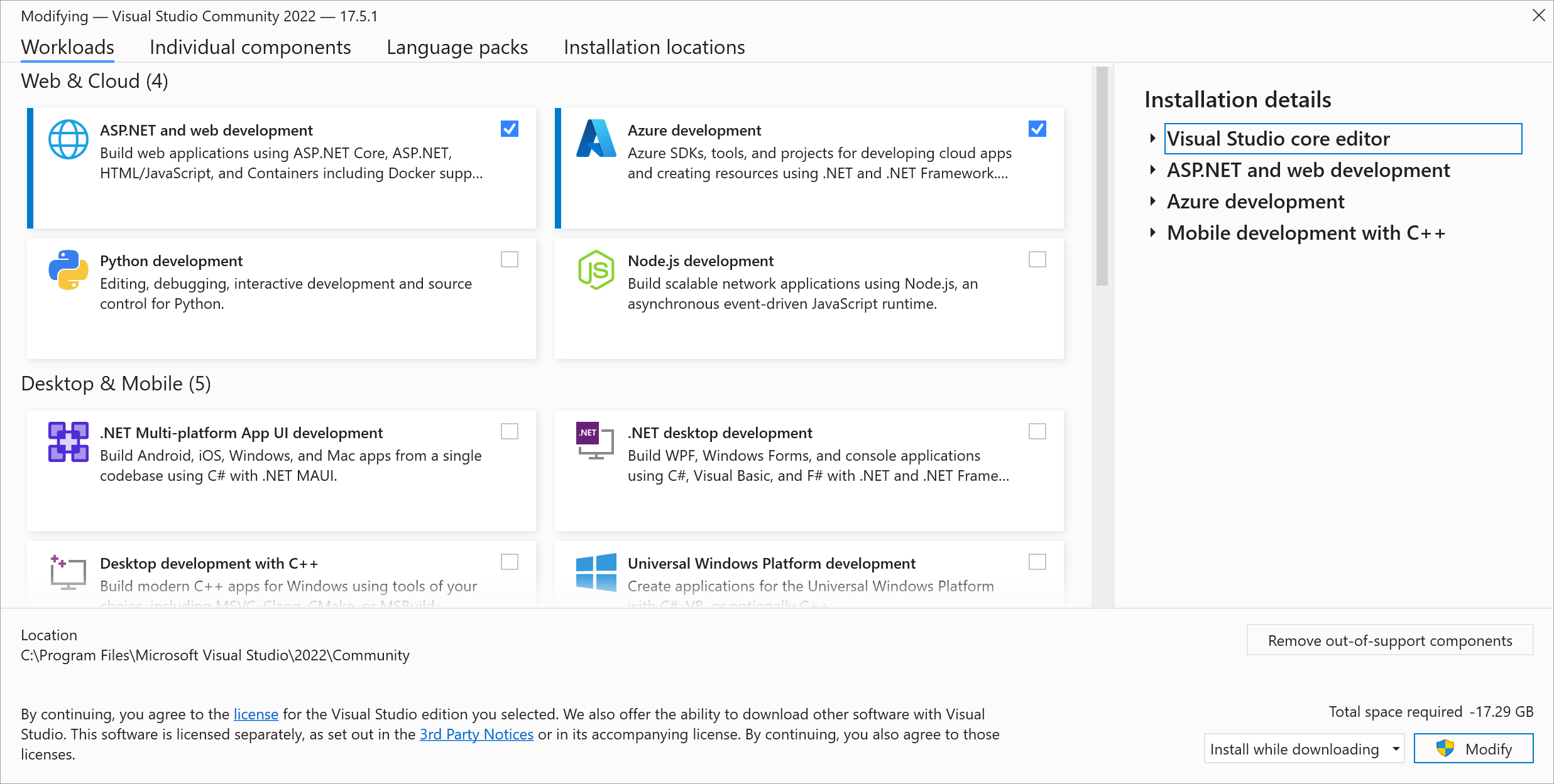 Screenshot of Modifying Visual Studio Community 2019 workloads tab with ASP.NET and web development and Azure development highlighted.