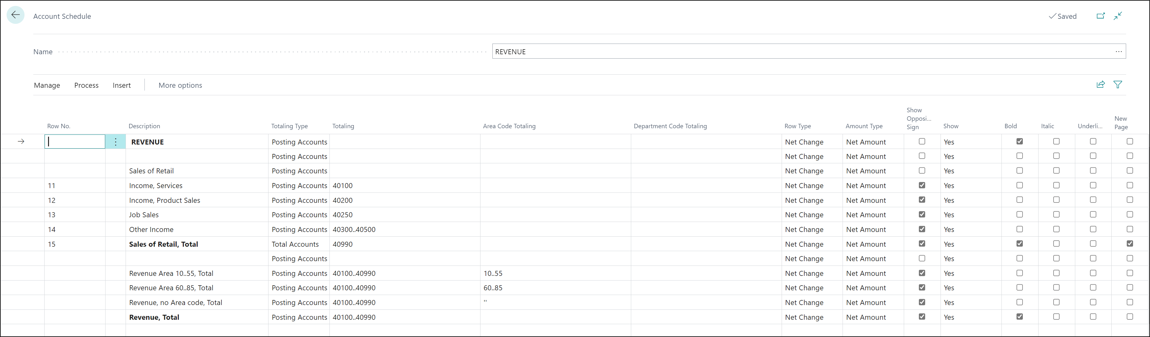 Screenshot of the Account schedule with analysis view dimensions.