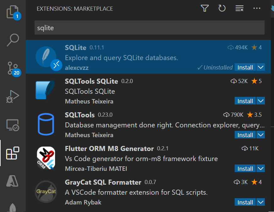 Screenshot that shows the Extensions pane with SQLite.