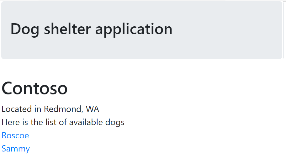 Screenshot of page that shows shelter details for Contoso, including the two dogs Sammy and Roscoe.
