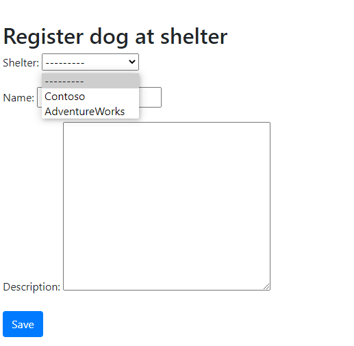 Screenshot of the register dog page, with the drop-down list for Shelter highlighted.