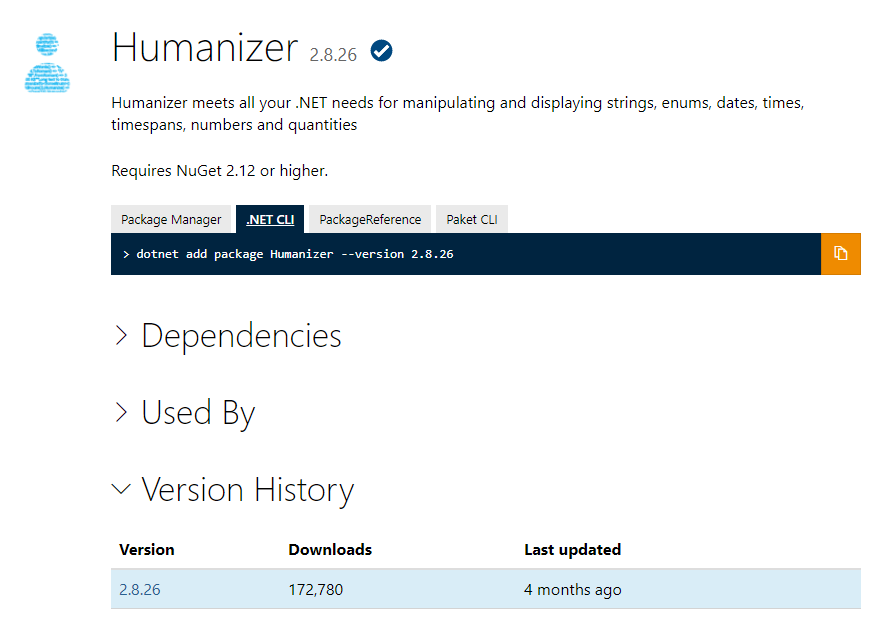 Screenshot of the landing page for a NuGet package.