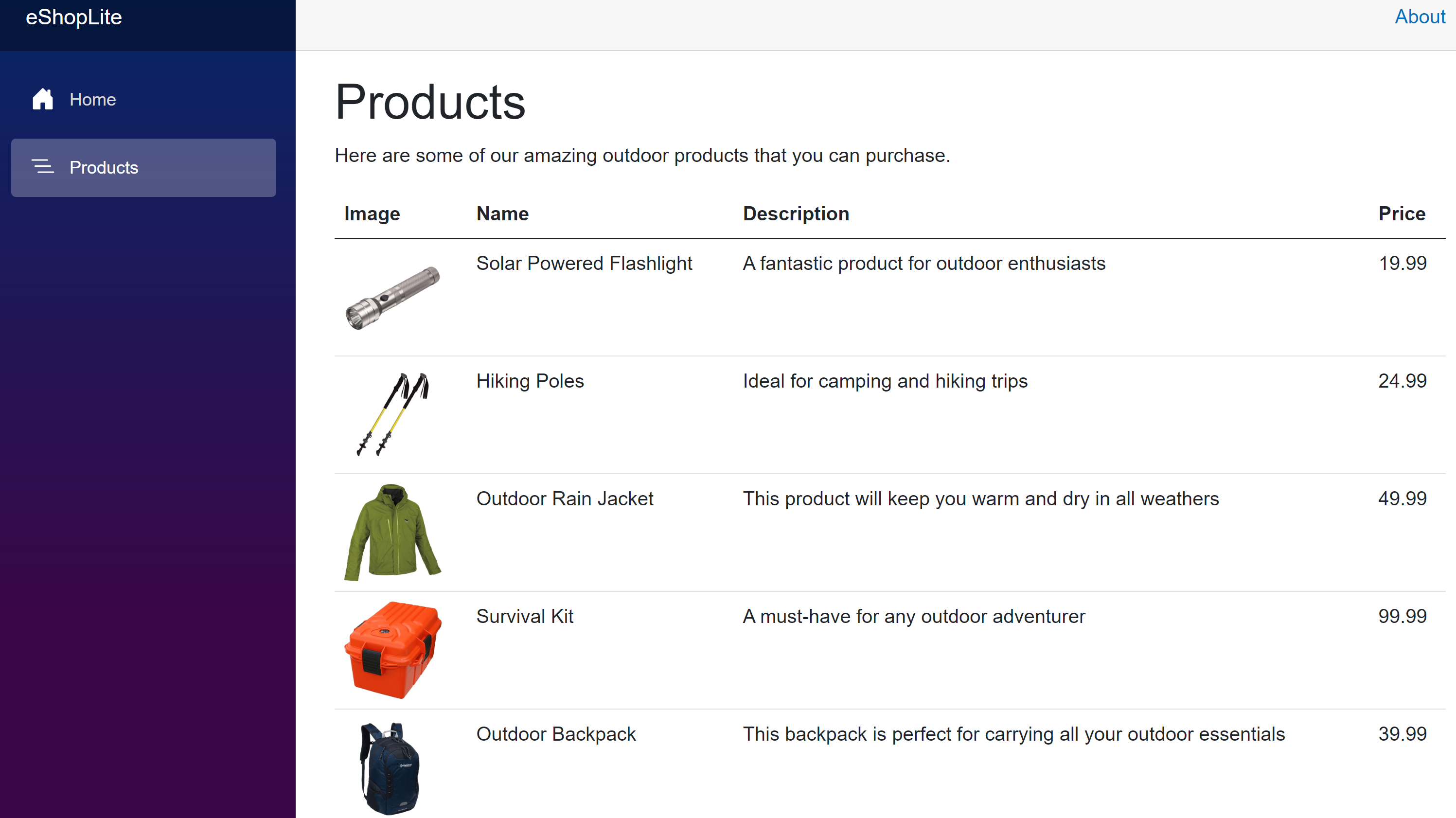 A screenshot of the eSHopLite products page.
