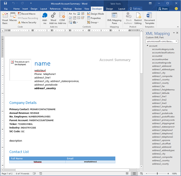 graphic showing sample Word template with mappings