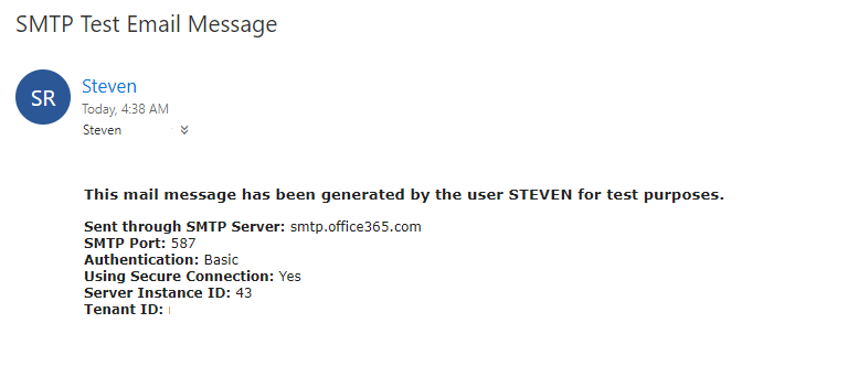 Screenshot of a sample SMTP Test Email.