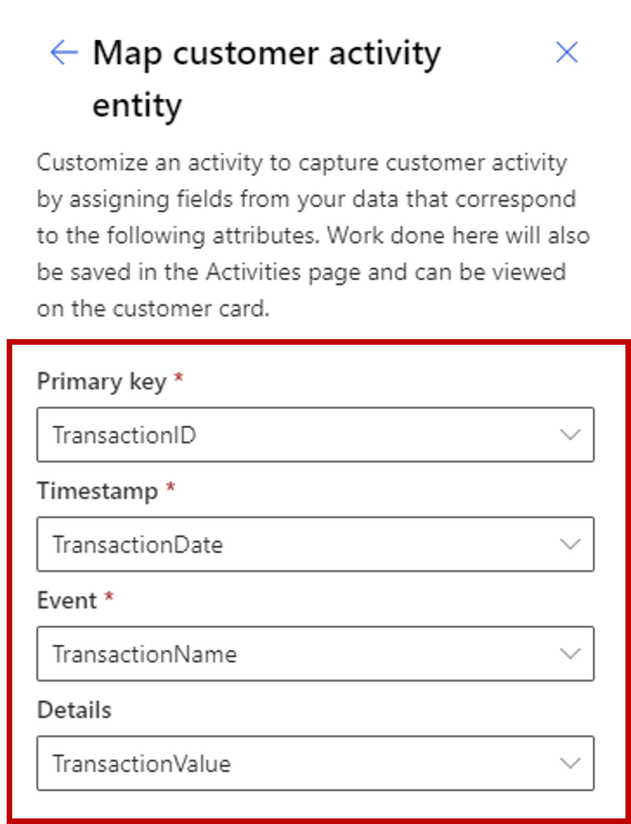 Screenshot of Map customer activity entity details.