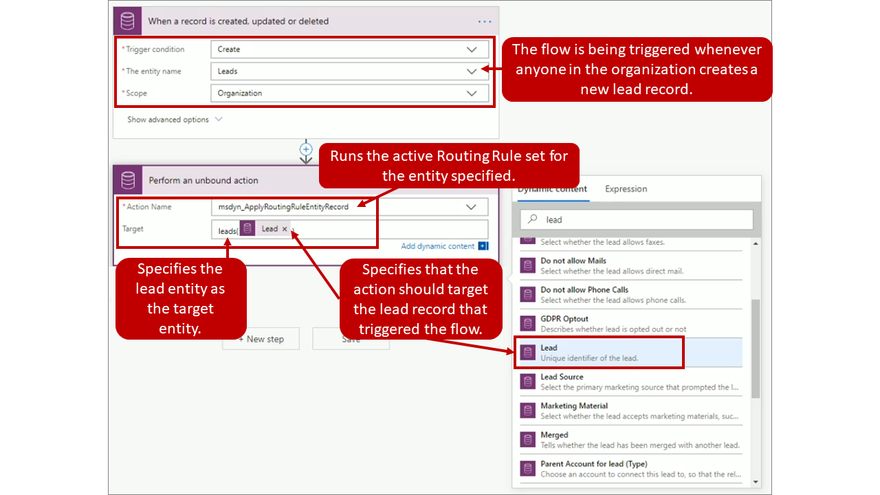 Screenshot of a flow that automatically applies the Lead routing rule whenever a new lead is created.
