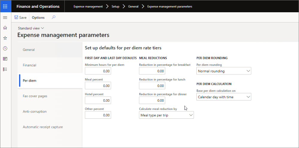 Screenshot depicts the Expense management parameters page where the Per diem tab is displayed.