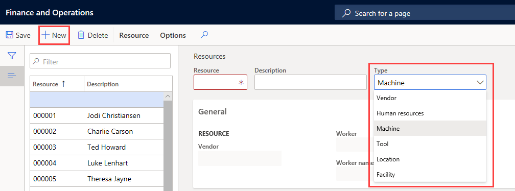 Screenshot depicts resource types in a dropdown list: Machine, Vendor, Human resources, Machine, Tool, Location, Facility. The resource types are highlighted along with the option to create a new resource.