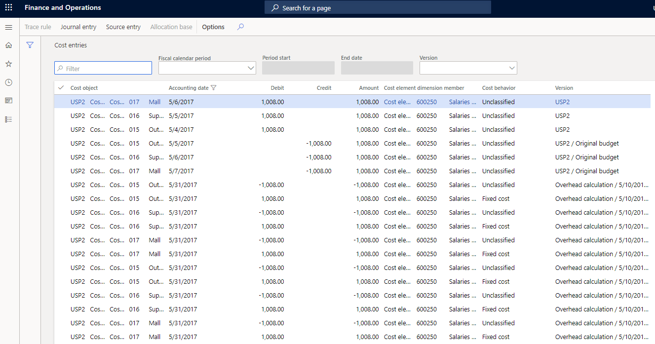 Screenshot depicts the Cost entries view. For each entry, the view displays the cost object, accounting date, debit, credit, amount, cost element dimension member, cost behavior, and version.