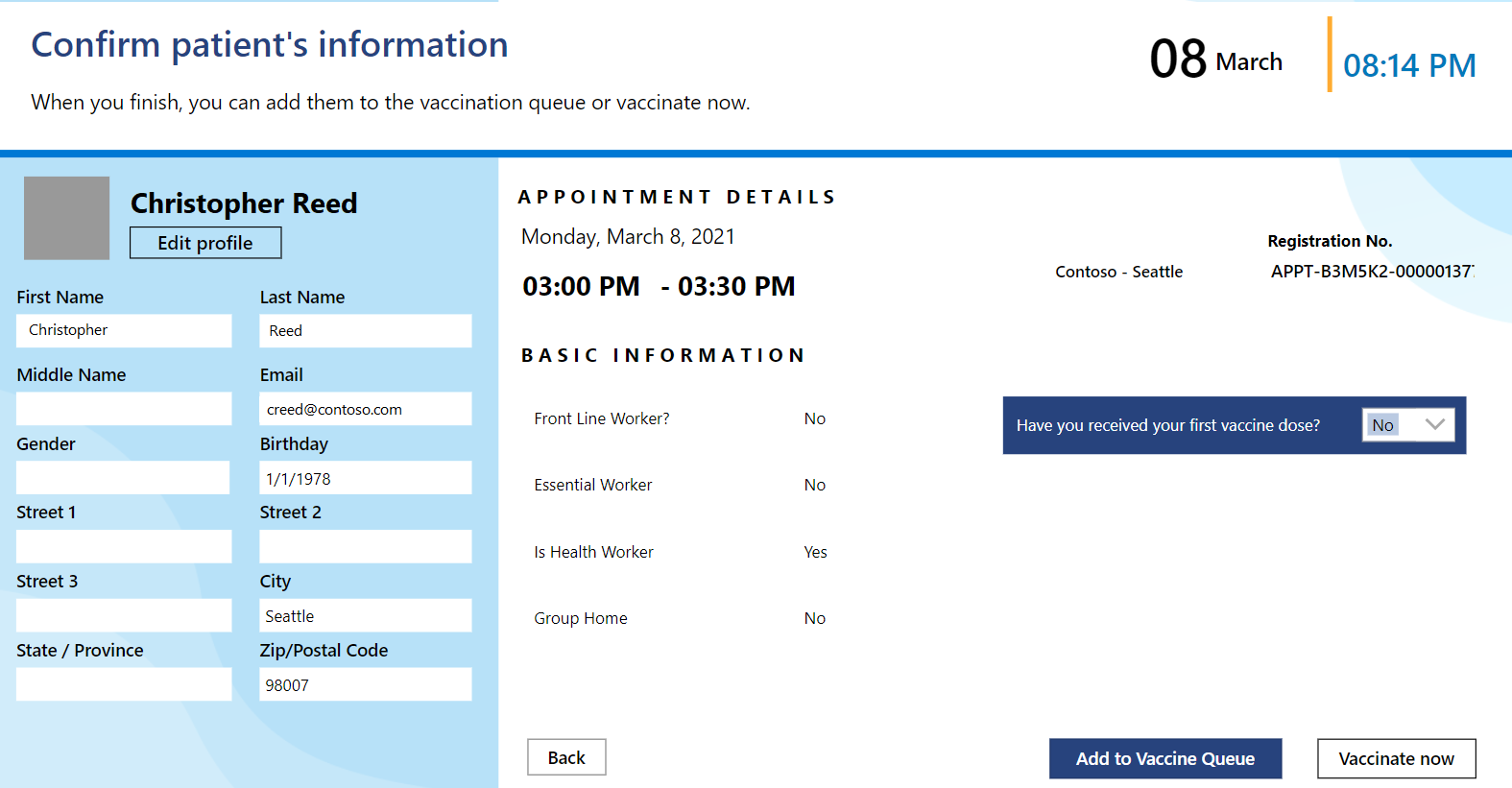 Screenshot of Christopher Reed's appointment details with the Add to Vaccine Queue and Vaccinate now buttons.