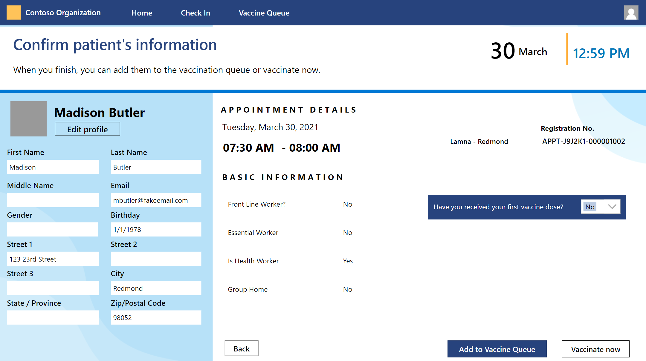 Screenshot of appointment details with the Add to Vaccine Queue button highlighted.