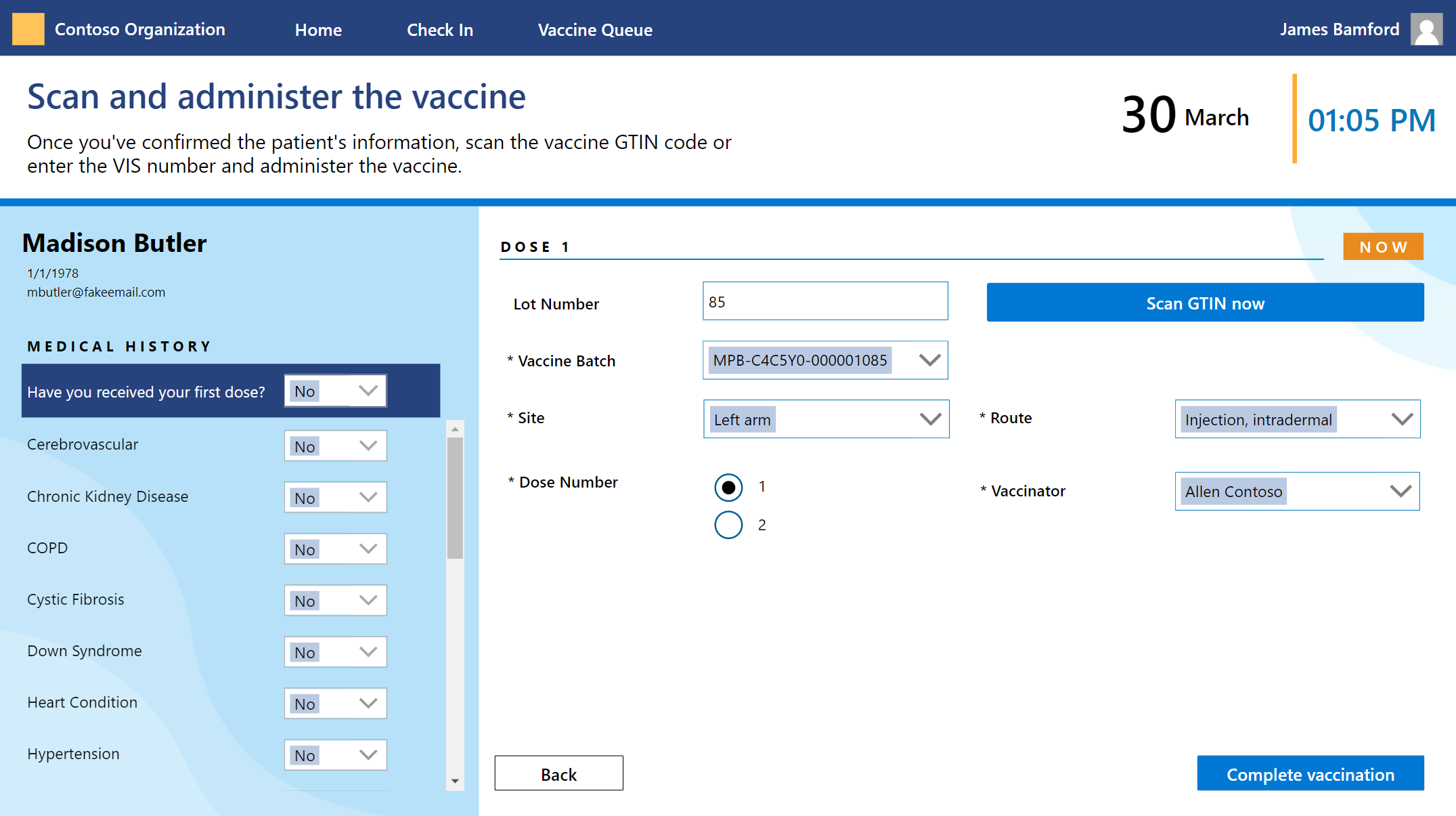 Screenshot of the Scan and administer the vaccine page with Site set to Left arm and Route set to Injection, intradermal.