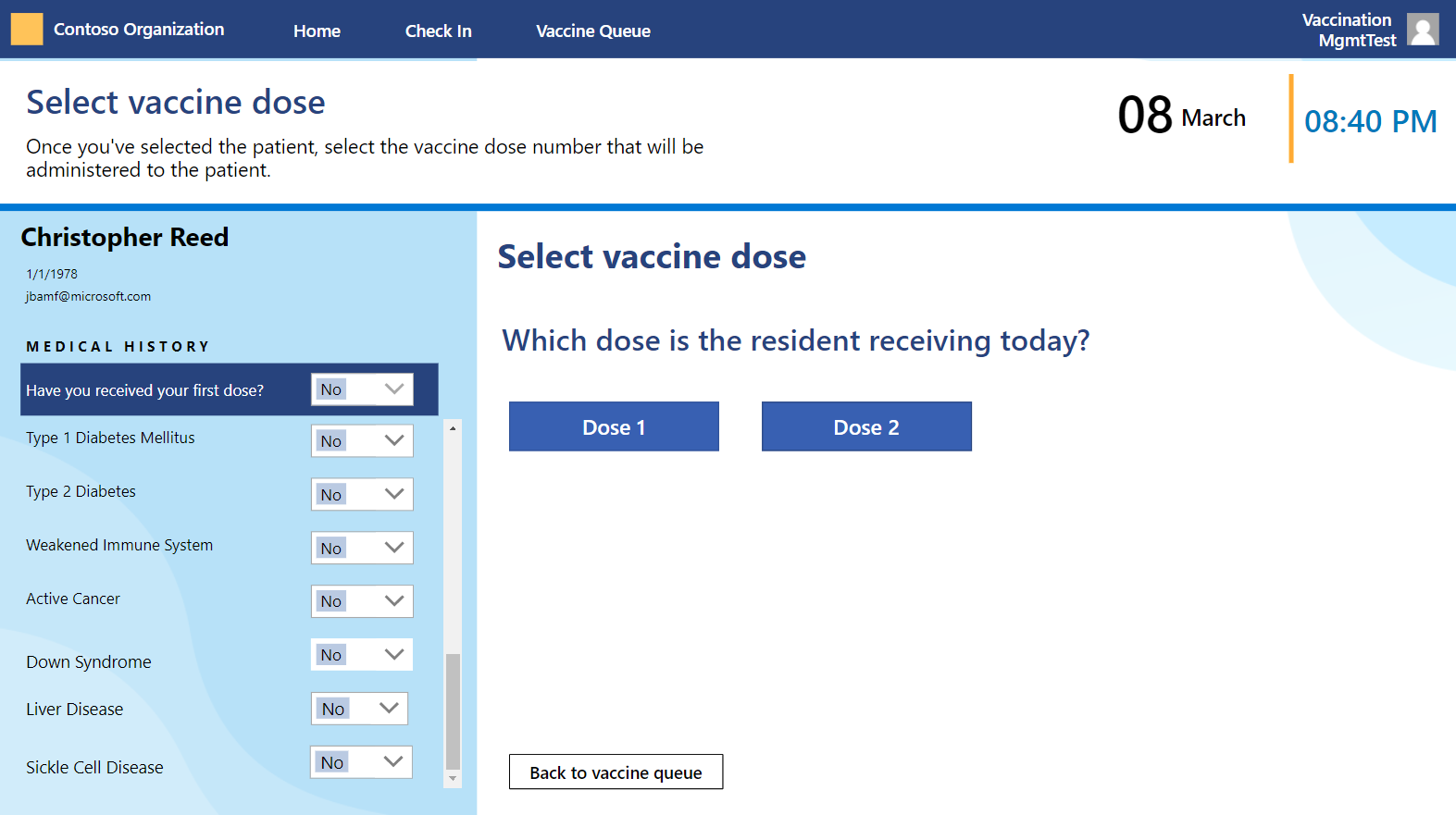 Screenshot of the Select vaccine dose page with buttons for Dose 1 and Dose 2 in a browser.