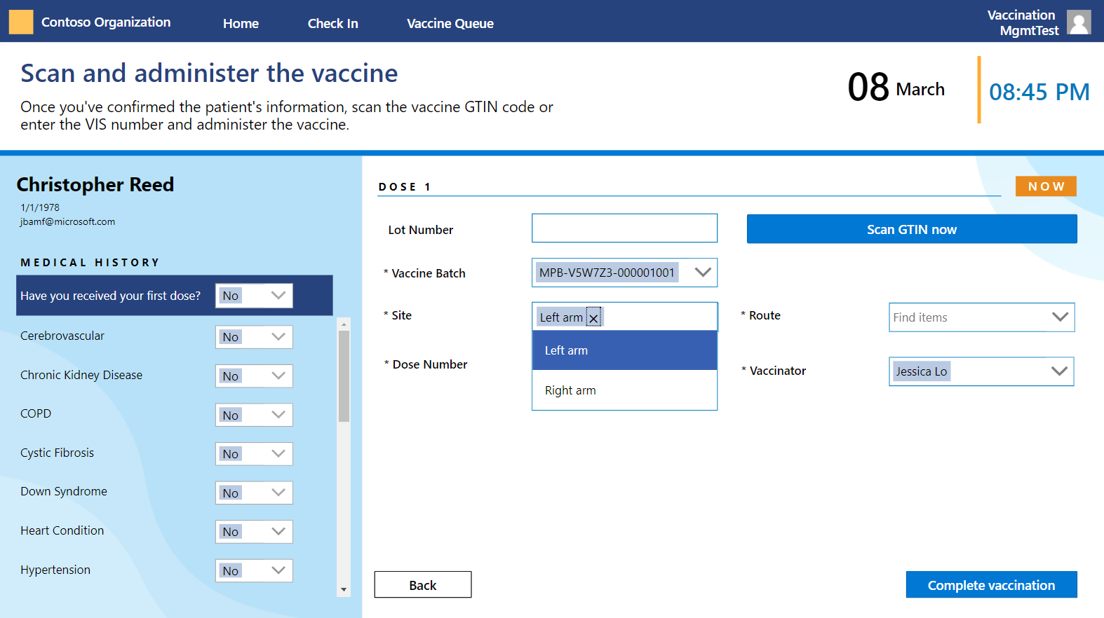 Screenshot of the Scan and administer the vaccine page with Site set to Left arm and Route set to Injection, intradermal in a browser.