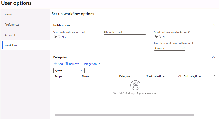 Screenshot of the Workflow tab in the User options page.