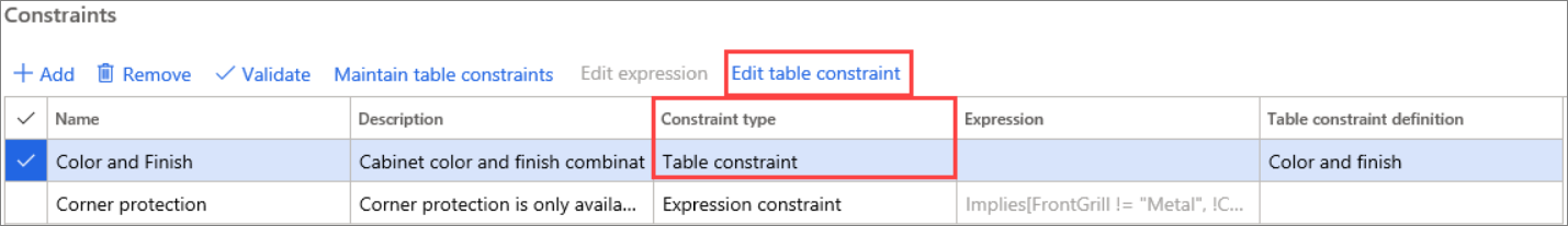 Screenshot of the Constraints page highlighting the Edit table constraint option.