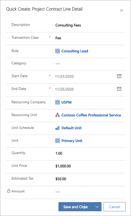 Screenshot of the Quick Create Project contract line detail page.