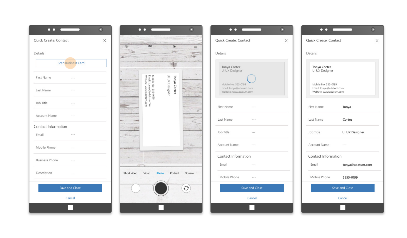 Mobile screen shots of business card scan with Quick Create Contact.