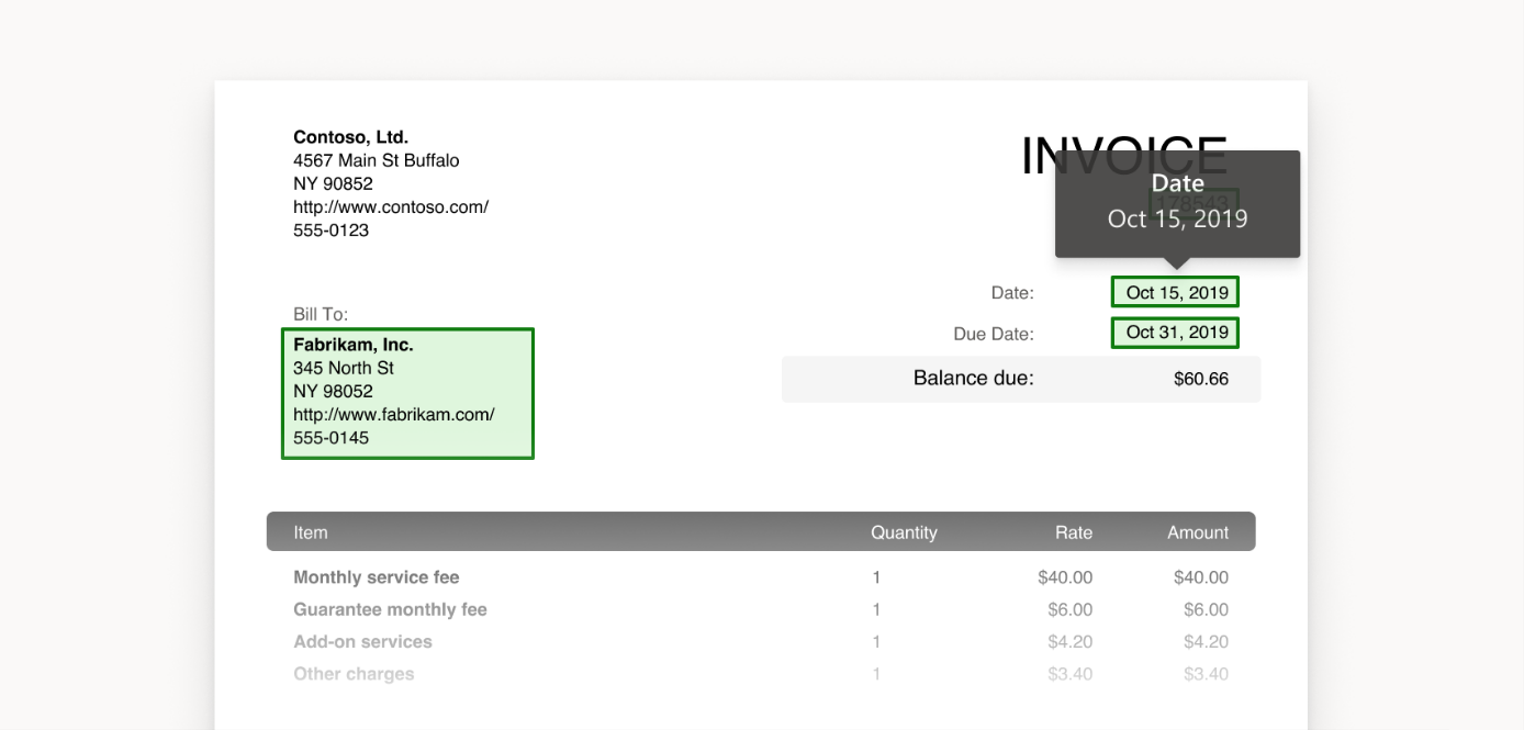 Example of detected fields in an invoice form.