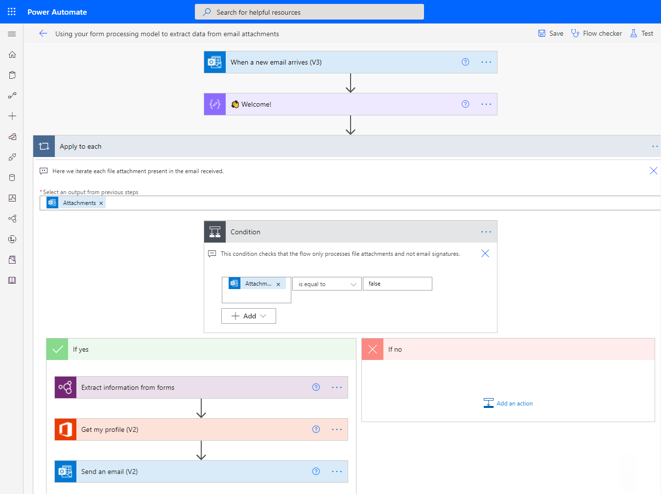 Screenshot of Power Automate shows a flow that processes documents received by email and extracts the data using AI Builder