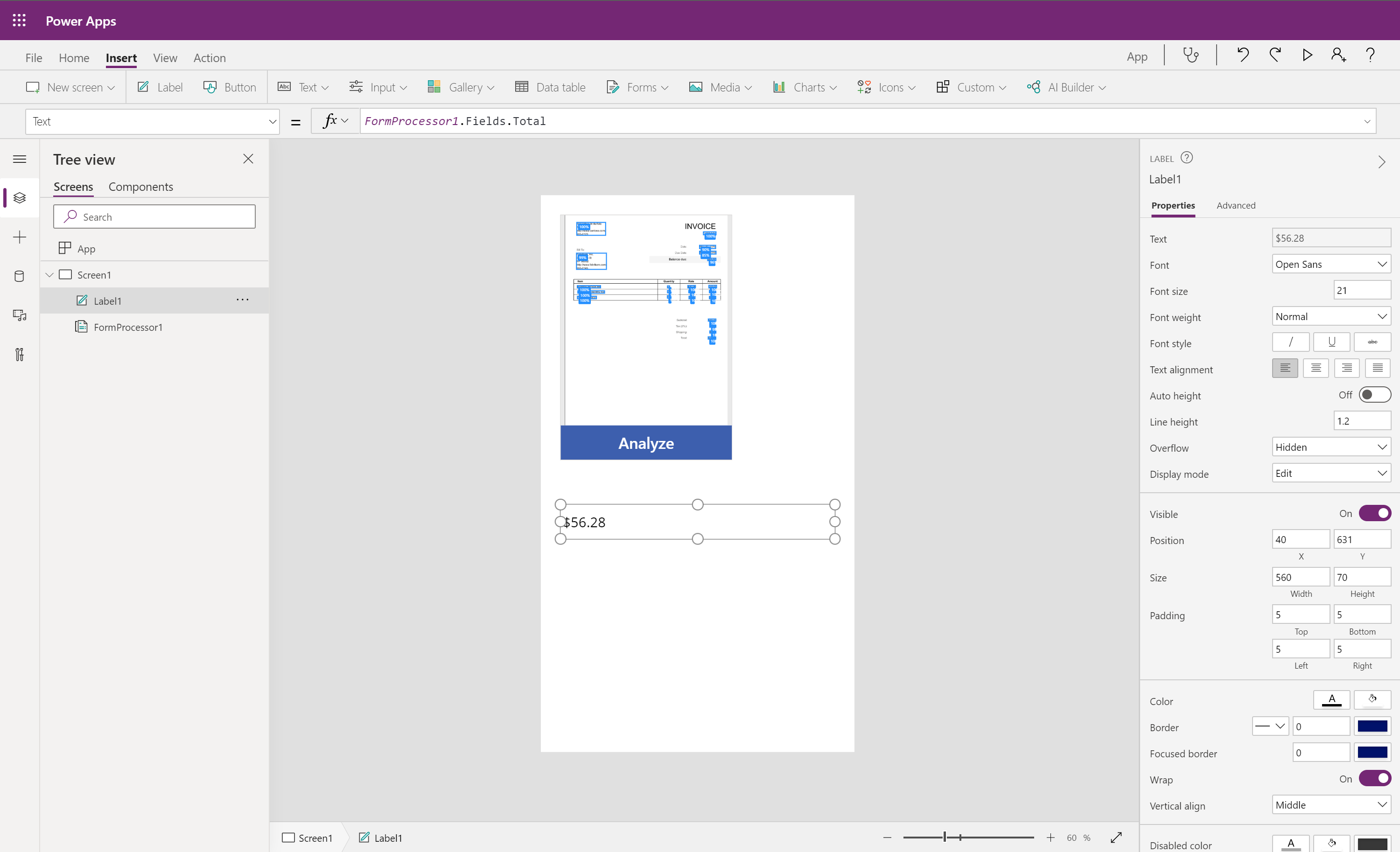 Screenshot of Power Apps with an Analyze component and a label.