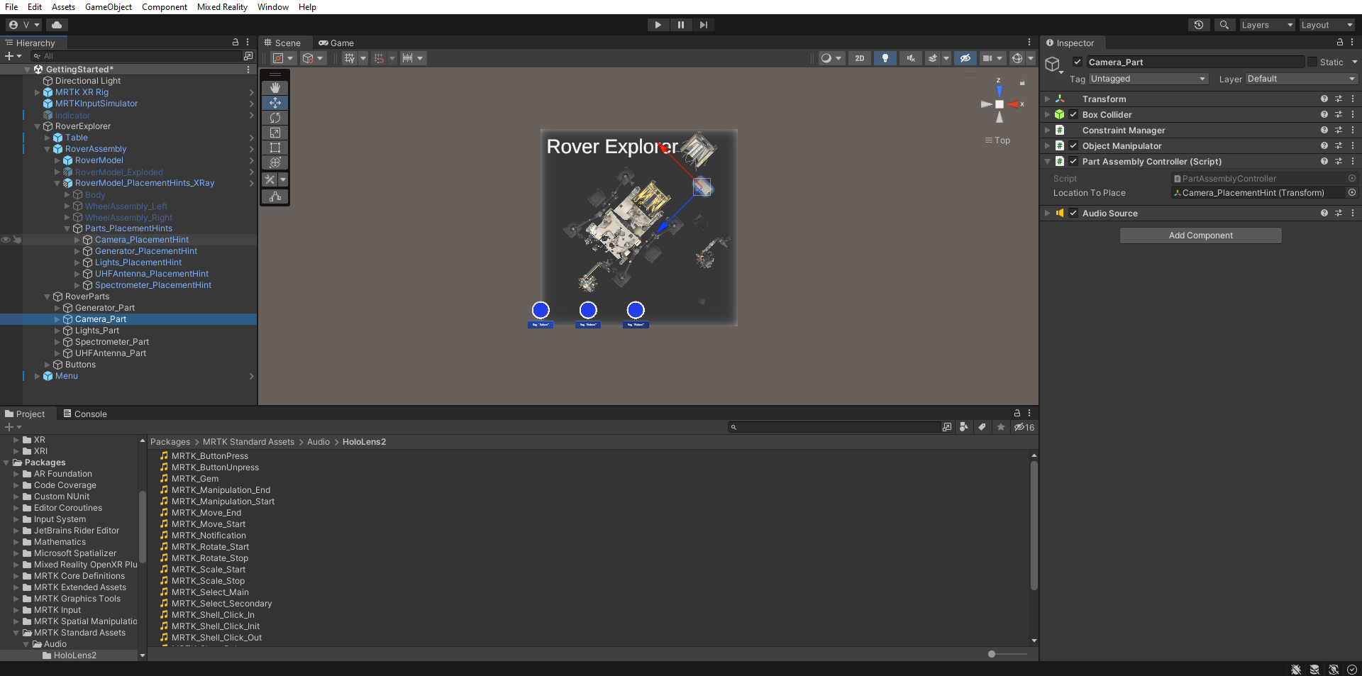 Screenshot of Unity with Camera_Part PartAssemblyController component configured.