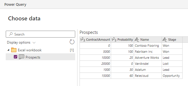 Screenshot of Power Query choose data showing a preview of your data.
