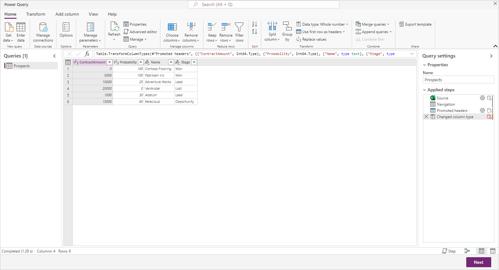 Screenshot of Power Query window showing data shaping options.