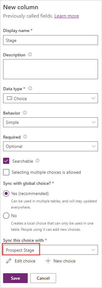 Screenshot of dropdown list showing Synch this choice with options and Prospect Stage highlighted.