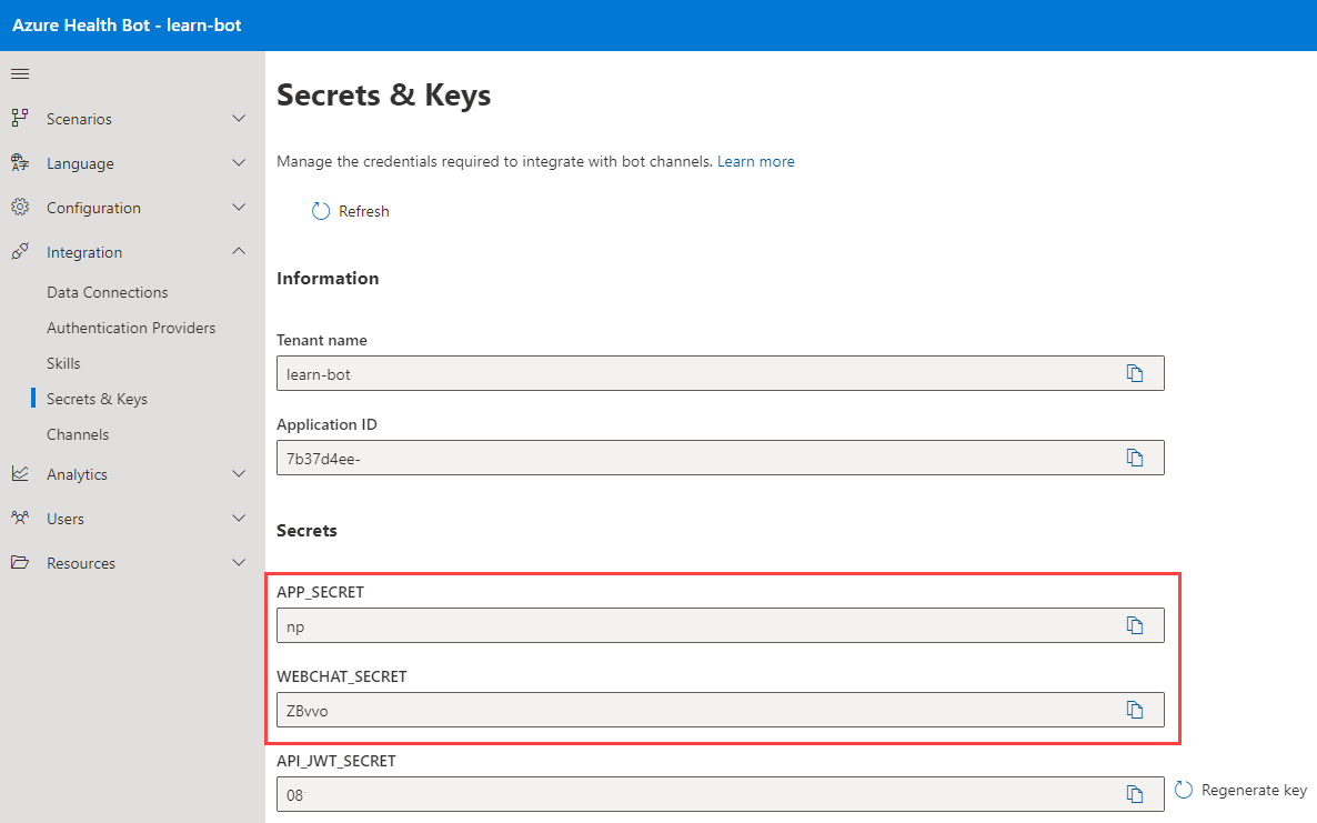 Screenshot that shows APP_SECRET and WEBCHAT_SECRET.