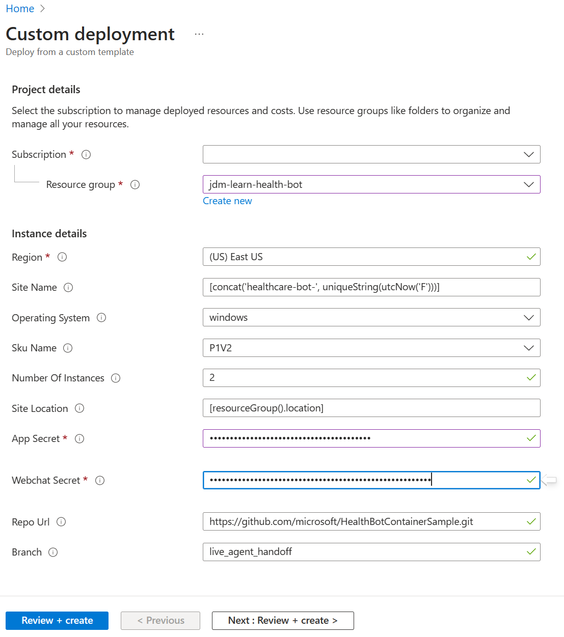 Screenshot that shows the web chat deployment window in the Azure portal.