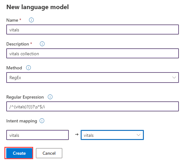 Screenshot that shows the selections for model configuration.