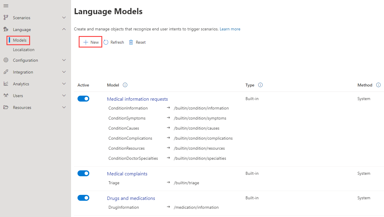 Screenshot of the page for creating language models in Azure Health Bot.