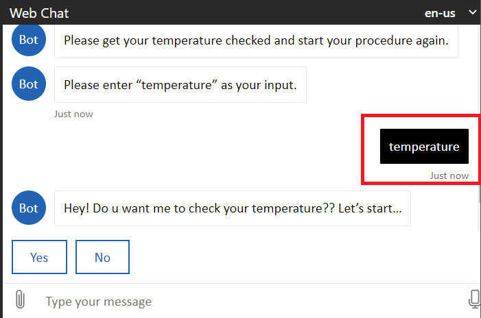 Screenshot that shows the Web Chat preview of the temperature bot.