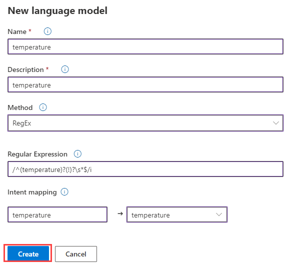 Screenshot that shows the regular expression configuration for the model.