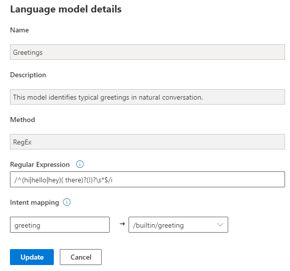 Screenshot that shows viewing the Greetings language model.