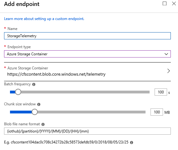 Screenshot of an example of adding an Azure Storage endpoint.