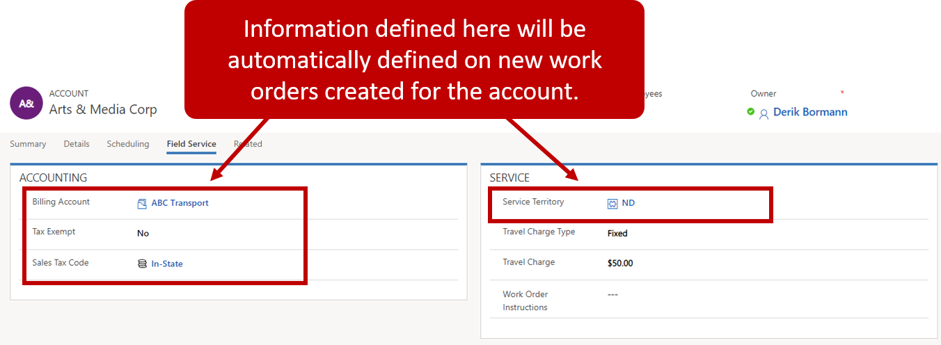 Screenshot of information defined on Accounting and Service.