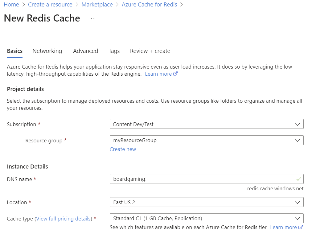 Screenshot that shows the form that's used to create a new Redis cache.