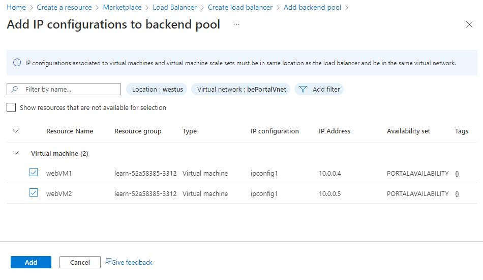 Screenshot that shows the settings on the Add IP configurations to backend pool pane.