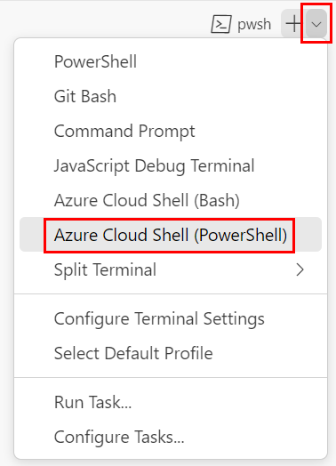Screenshot of the Visual Studio Code terminal window, with the terminal shell dropdown shown and Azure Cloud Shell (PowerShell) selected.