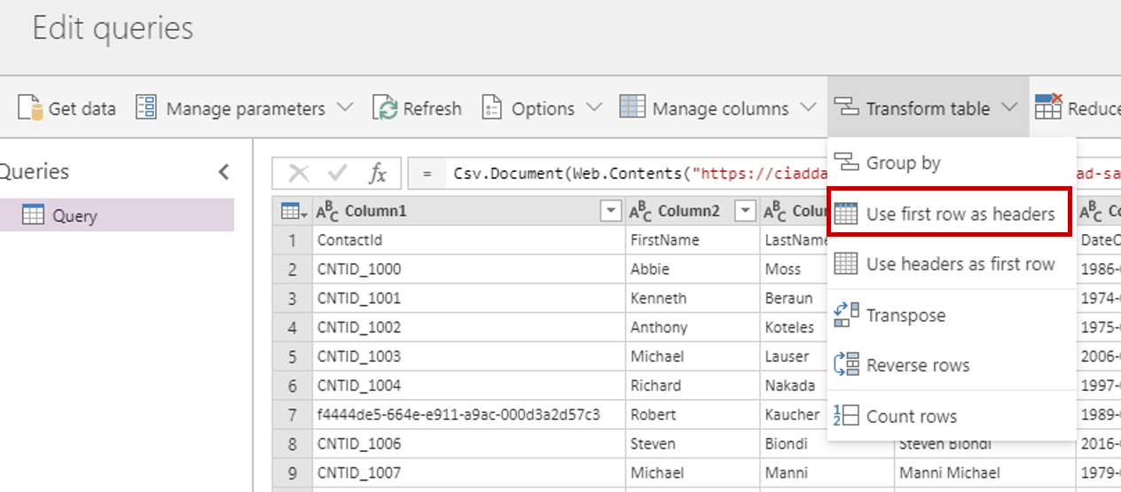 Transform tables use headers as first row button.