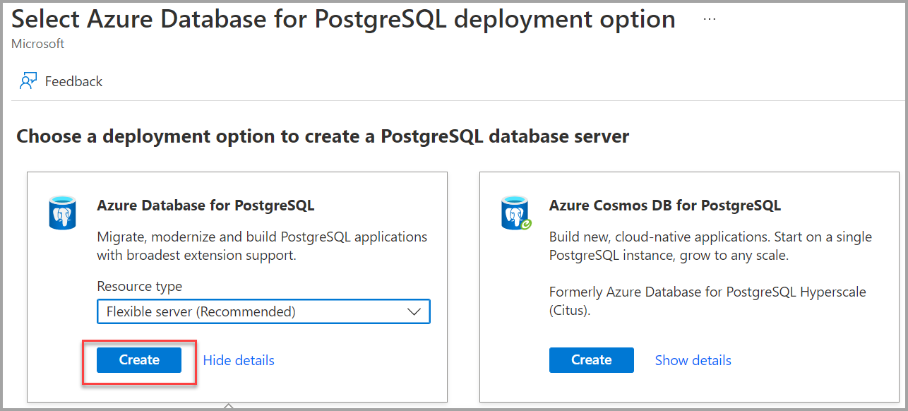 Screenshot of the Azure portal showing the Azure Database for PostgreSQL deployment options, with the create button for Flexible server server highlighted.