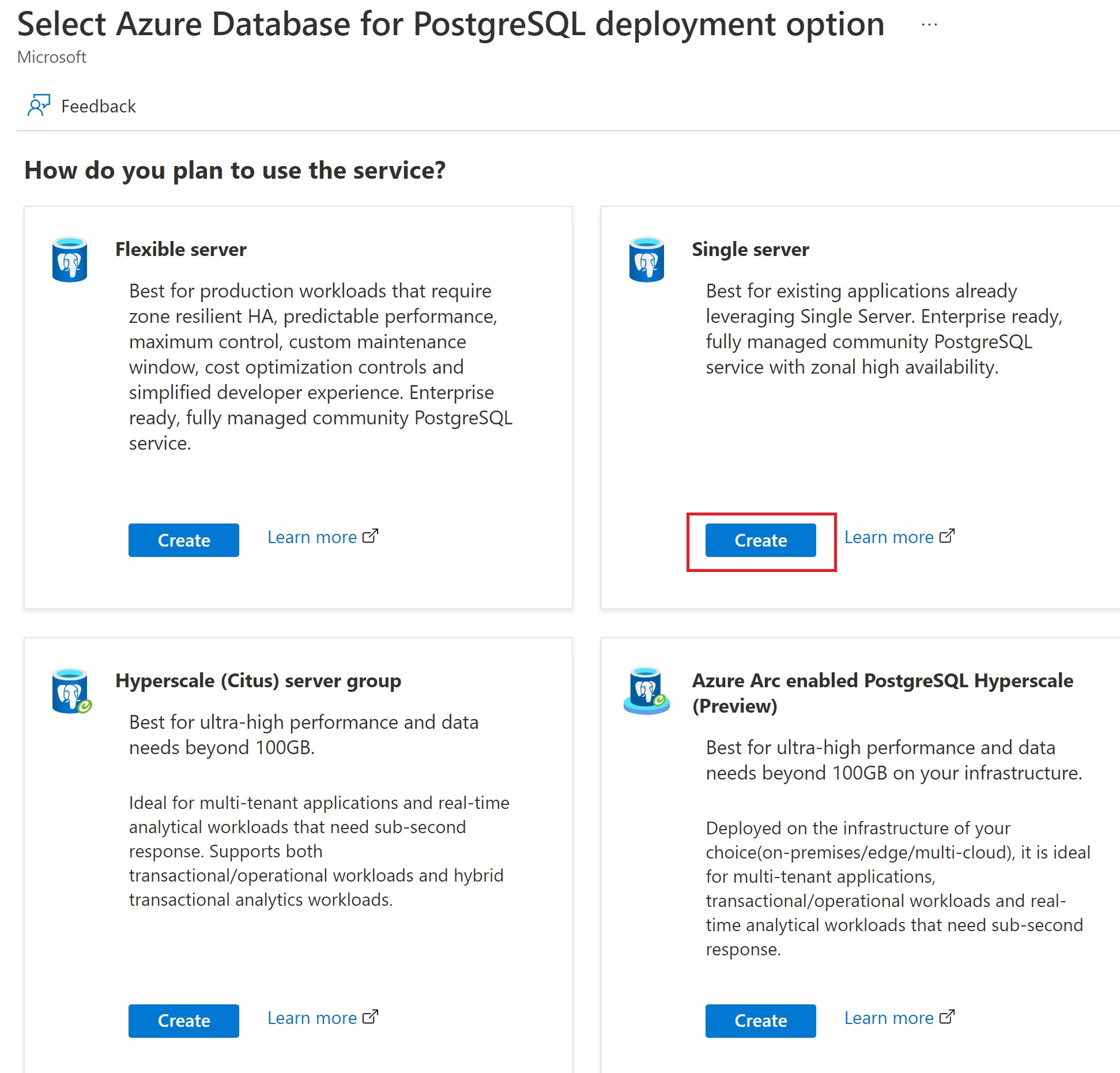 Azure portal showing the Azure Database for PostgreSQL deployment options, with the create button for Single server highlighted.